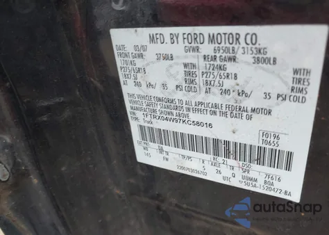 2007 Ford F-150 Stx/Xlt from USA, damaged, VIN 1FTRX04W97KC58016